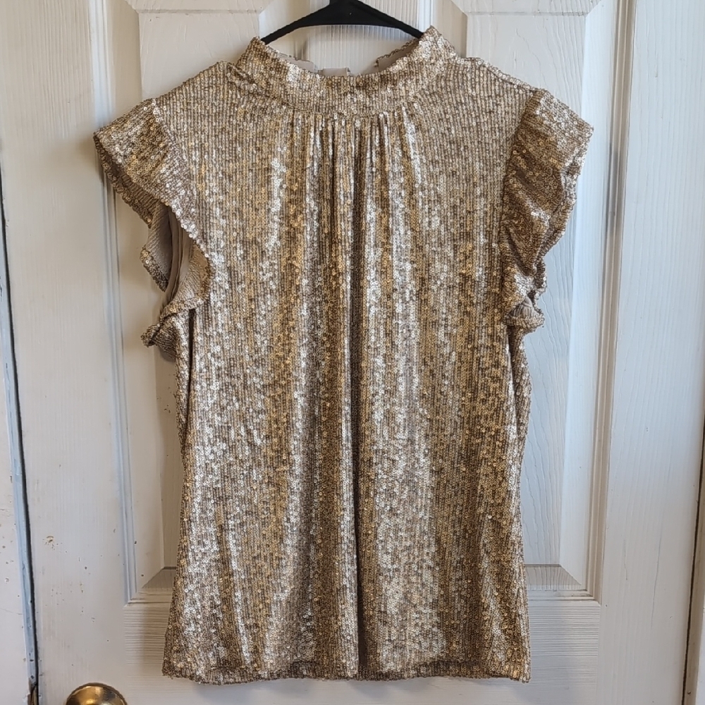 DR2 By Daniel Rainn Gold Sequin Tie-back Cap Sleeve Blouse Size Extra Small